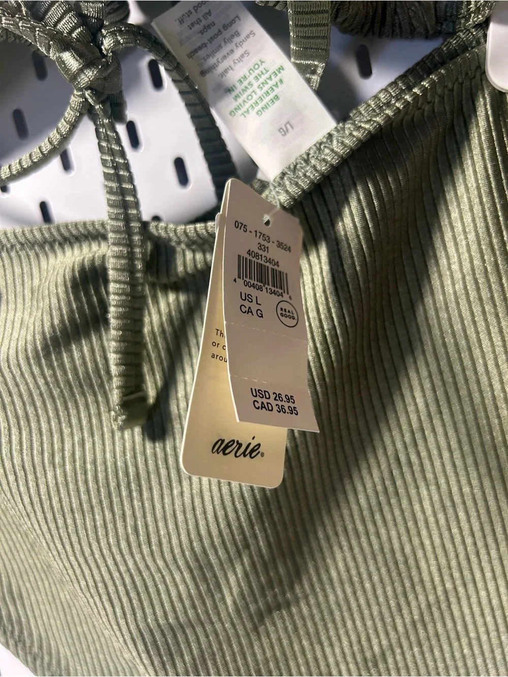 NWT Aerie Shine Ribbed Olive Ribbed Triangle String Bikini Set